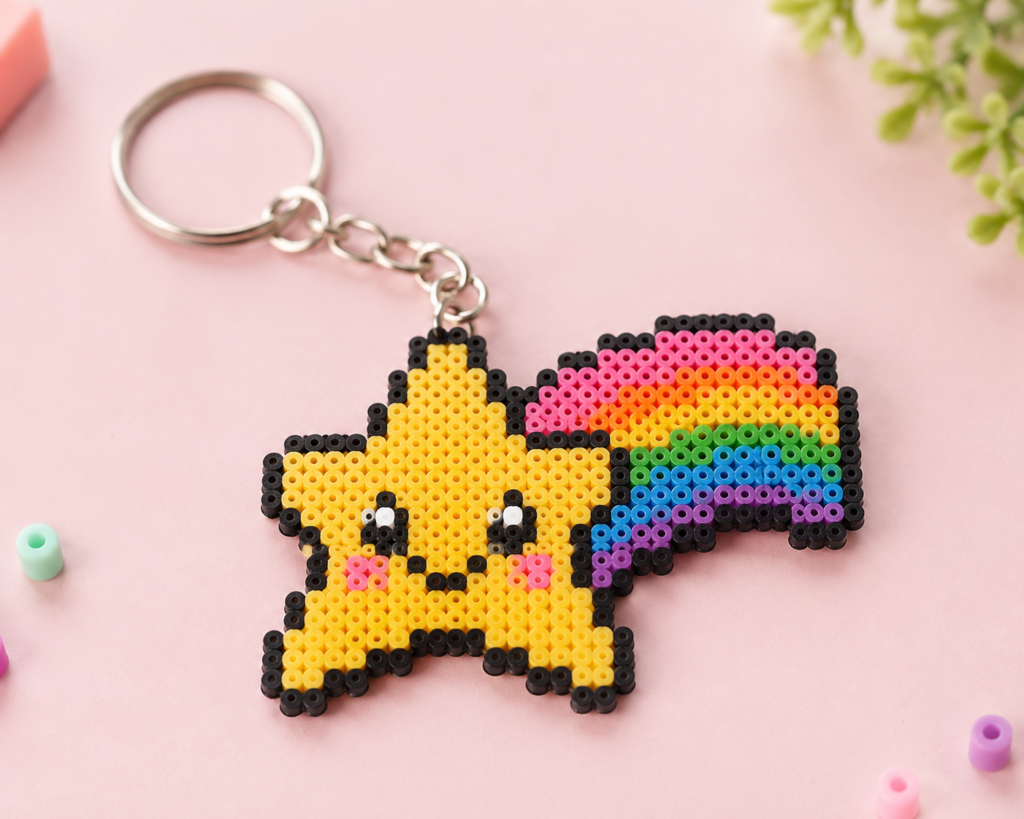 Chaveiro de estrela e arco-íris feito com Perler Beads e miçangas termocolantes