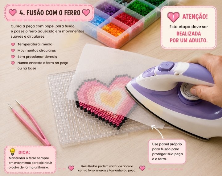 detalhe de uma peça sobre a pegboard coberta pelo papel de fusão, com um ferro passando sobre ela e uma pequena legenda “Etapa realizada por um adulto”.