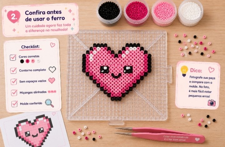 Montagem de Perler Beads com pinça e miçangas coloridas sobre a base seguindo um molde