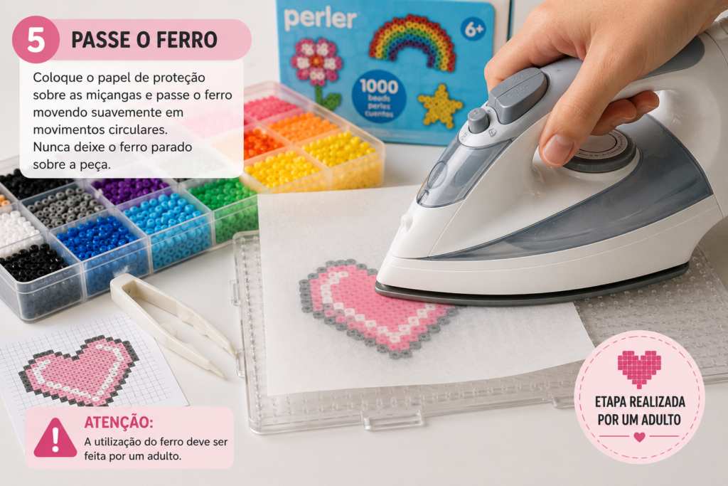 Fusão de Perler Beads com papel de proteção e ferro utilizado por um adulto