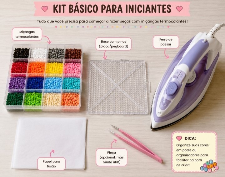 kit básico para iniciantes com miçangas coloridas, base quadrada, papel para fusão, ferro e pinça sobre uma mesa clara.