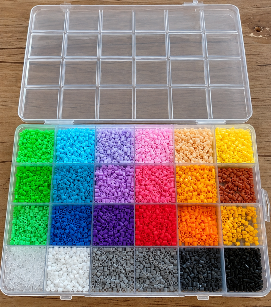 Miçangas termocolantes coloridas organizadas em caixa para criação de peças em Pearl Beads