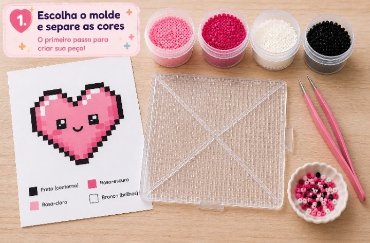 Como fazer Perler Beads: molde de coração, miçangas termocolantes, pegboard e pinça para montagem.