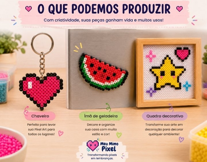 : três peças prontas lado a lado — um coração transformado em chaveiro, uma fruta como ímã de geladeira e uma pequena Pixel Art em moldura.
