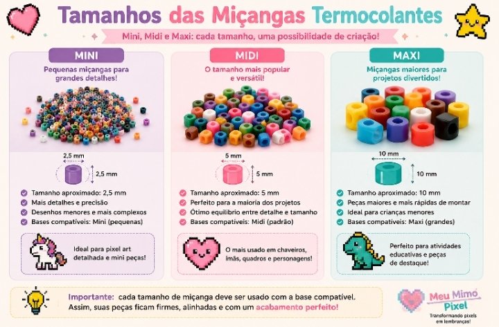 Tamanhos das miçangas termocolantes: Mini, Midi e Maxi. Arte: Meu Mimo Pixel.