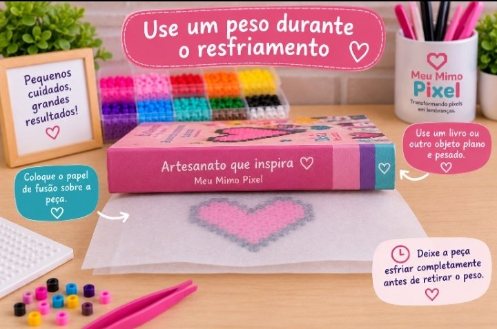 Coração de Perler Beads protegido com papel de fusão e um livro utilizado como peso para manter a peça reta durante o resfriamento.