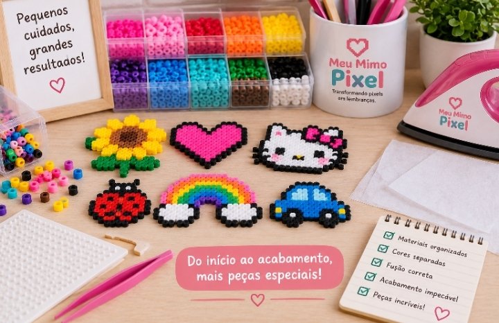 Bancada organizada com miçangas termocolantes, ferro, pegboard e peças prontas, mostrando como evitar erros com miçangas termocolantes e melhorar o acabamento.