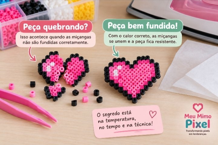 Erros com miçangas termocolantes mostrando uma peça quebrada por fusão incorreta e outra bem fundida e resistente.