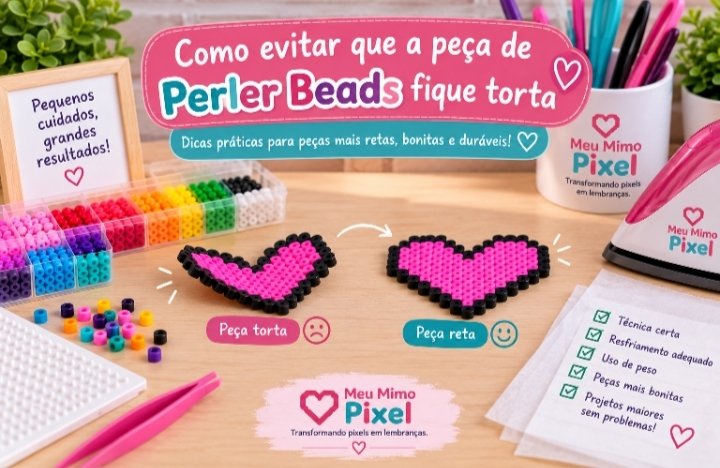Peças de Perler Beads torta e reta após fusão e resfriamento sobre superfície plana