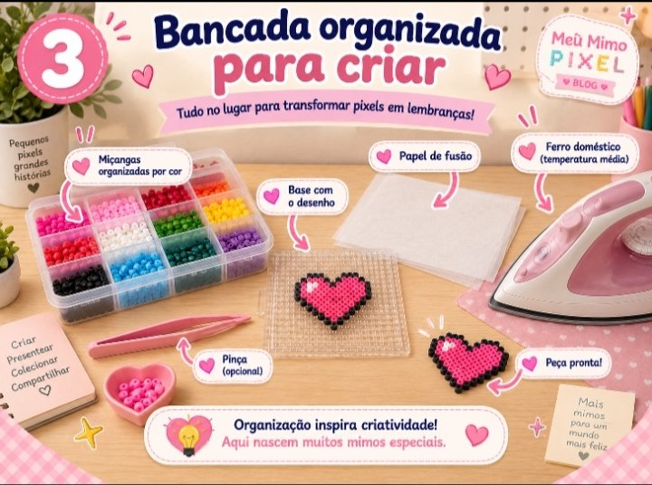 Bancada de artesanato organizada com ferro, papel de fusão, pinça, pegboard, miçangas termocolantes e coração em Pixel Art.