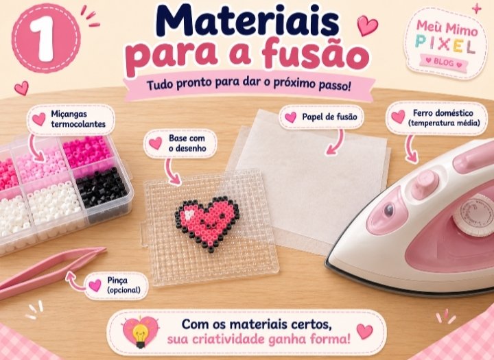 Ferro doméstico, papel de fusão, pegboard, pinça e miçangas termocolantes preparados para fazer a fusão de uma peça em Perler Beads.
